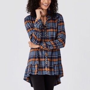 Matilda Jane General Store Tunic Top Size Large Plaid Flannel Button Down